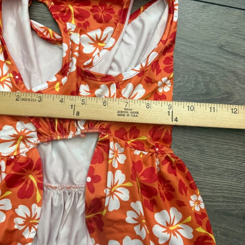 Orange Hibiscus Floral Dog Dress Tropical Pet Summer Clothes with Red Bow